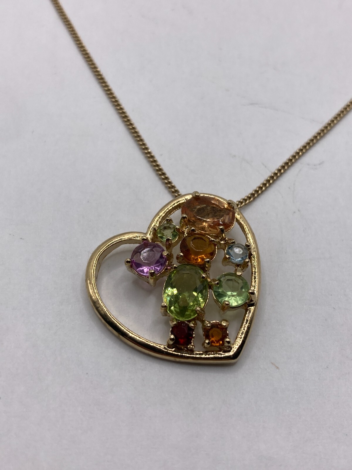 Vintage Heart-Shaped Pendant With Multicolored Stones on Goldtone Necklace
