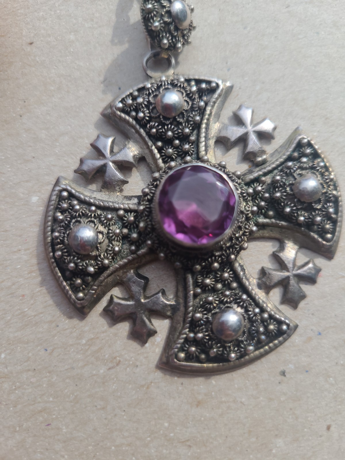 Sterling Silver 950 Jerusalem Maltese Cross Pendant Amethyst W/Earrings