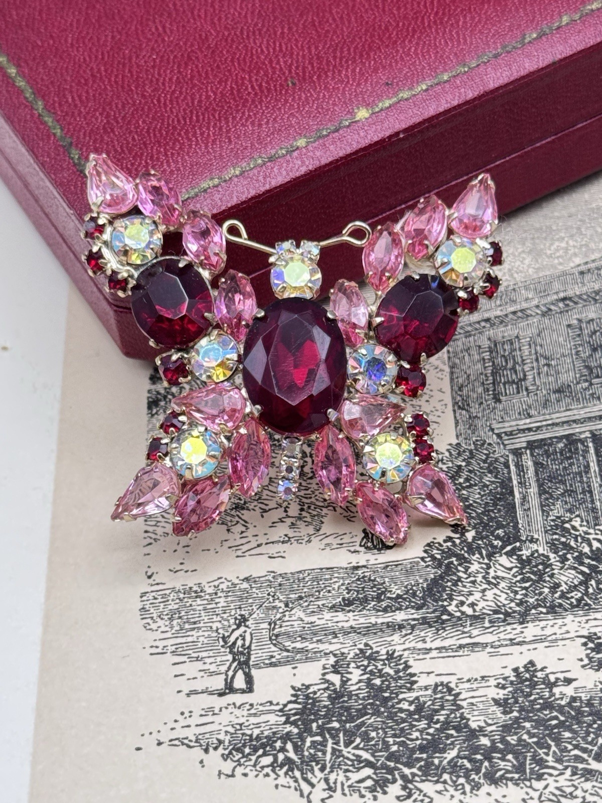 Vintage Butterfly Brooch Pink Red Rhinestone AB Crystal Goldtone Figural 2”