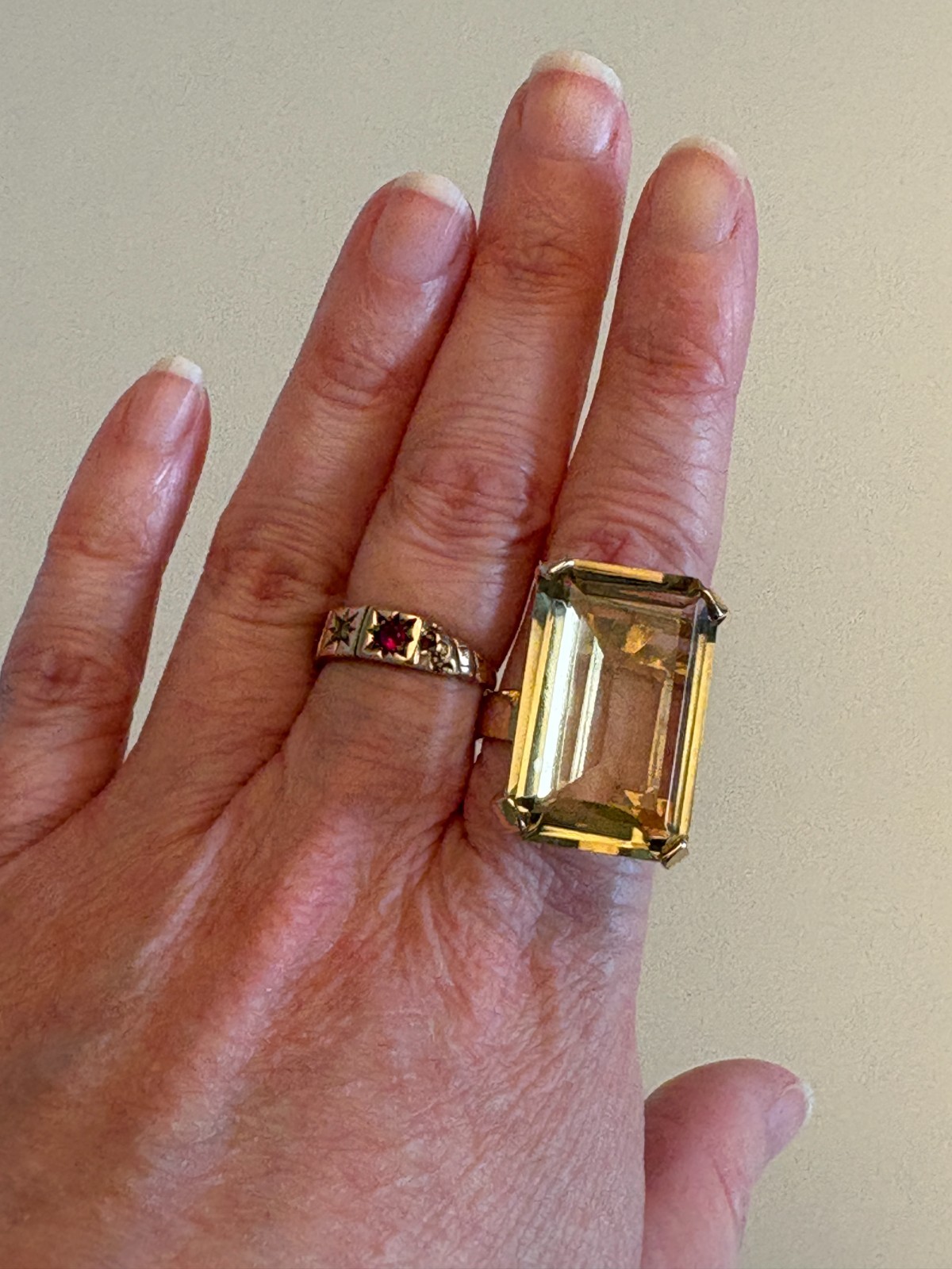 Vintage 18k Gold Large Emerald Cut Quartz Cocktail Ring 13.77g Statement Ring