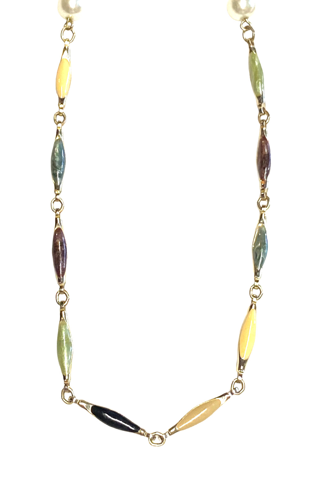 Vintage Gold Tone Multicolor Enamel Bar Link Elliptical Faux Pearl Necklace 25″