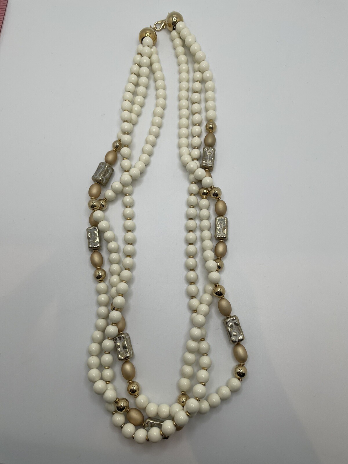 Ivory Necklace Gold Tone Beads 24 inches Triple strand by Alabaster
