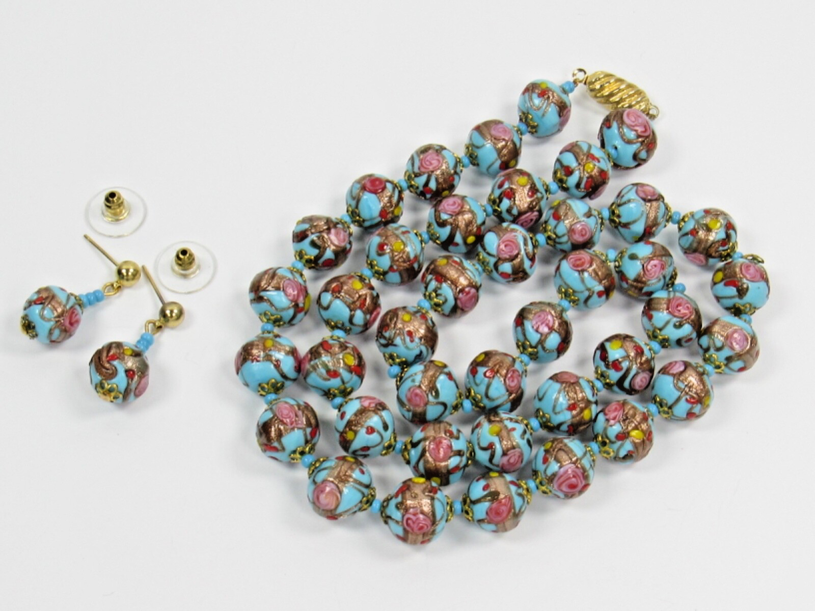Italy WEDDING CAKE Gold Pink Red Blue Bead Strand NECKLACE Pierced EARRINGS SET