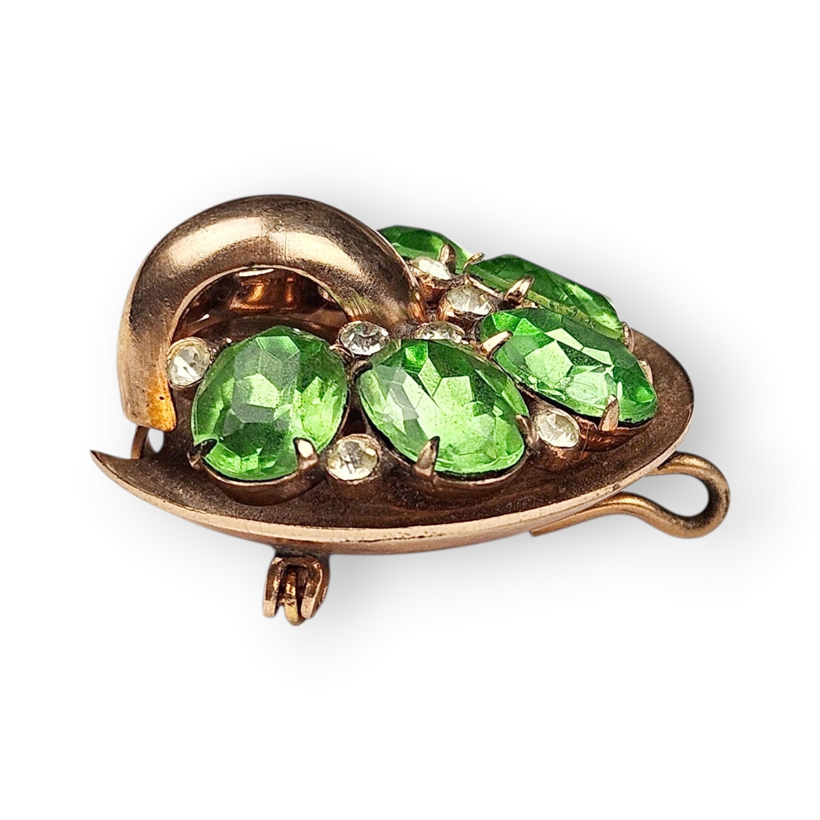Vintage Green Rhinestone Brooch Rose Gold Plate Lee-Rose Watch Holder Chatelaine