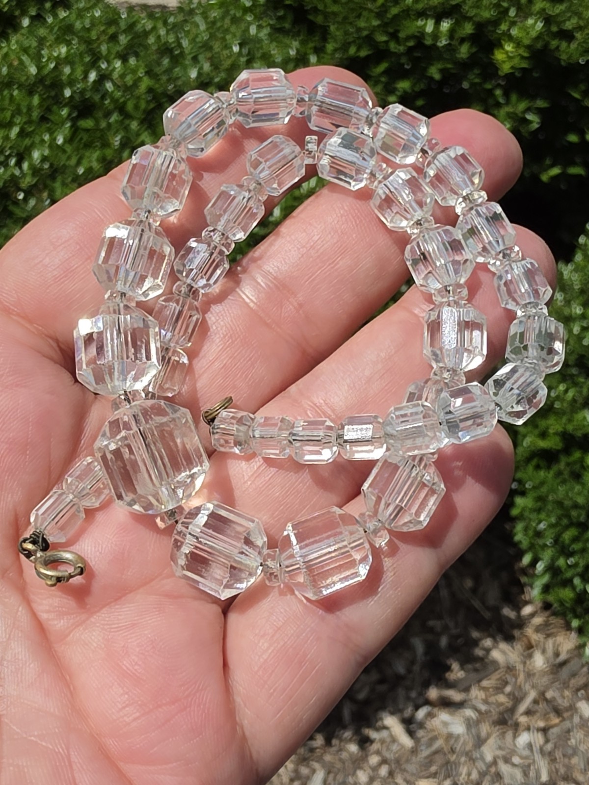 Vintage Clear Faceted Crystal Glass Cube Cut Bead Necklace Art Deco Style 15”