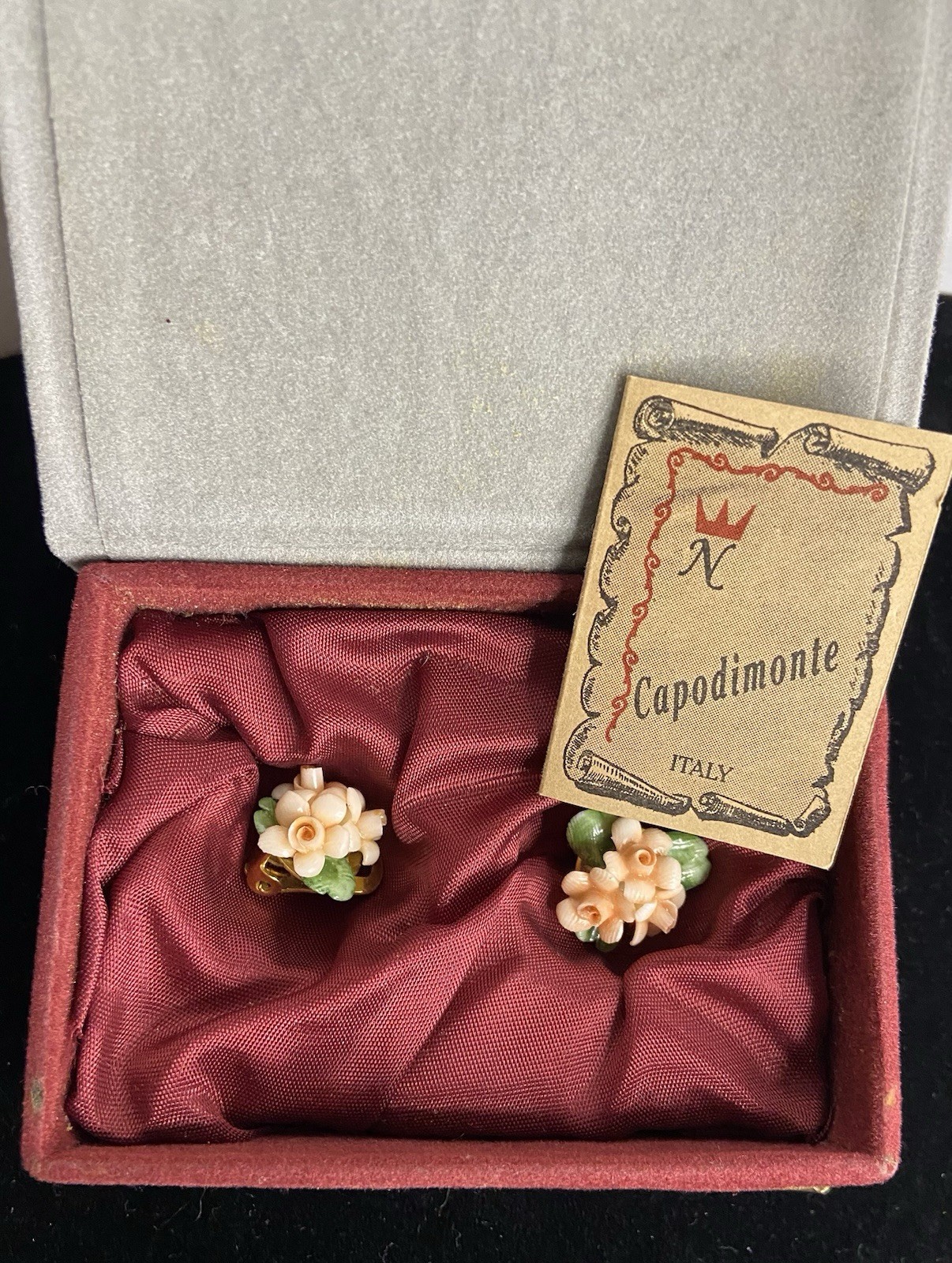 Capodimonte Clip Earrings Pastel Pink And Green Flowers Vintage Italy *READ