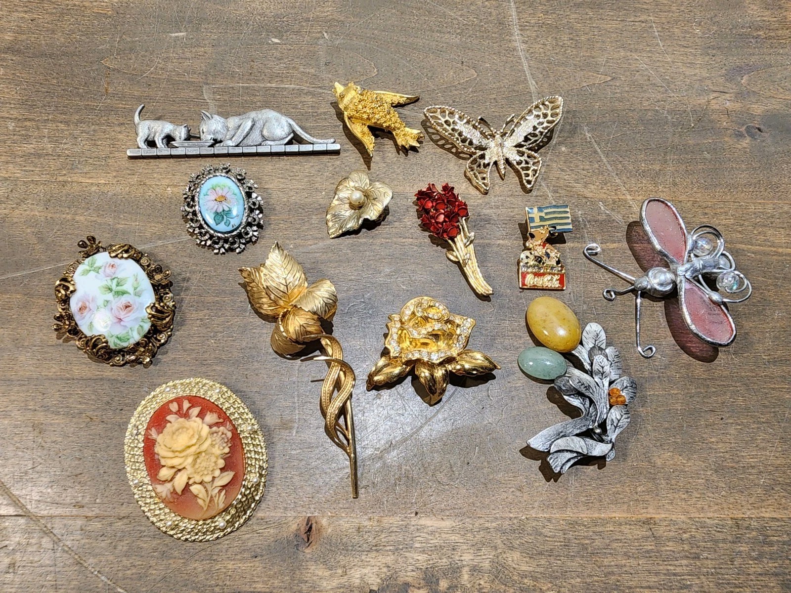 Vintage Lot Brooch Lapel Pin Bird Flowers Cats Avon Giovanni READ