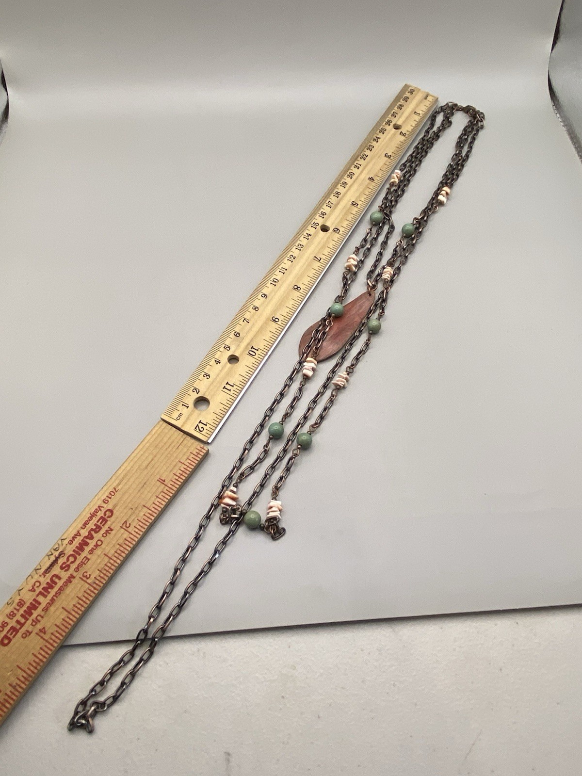Vintage Three Chain Beaded Shell Necklace Acrylic Copper Tone Estate