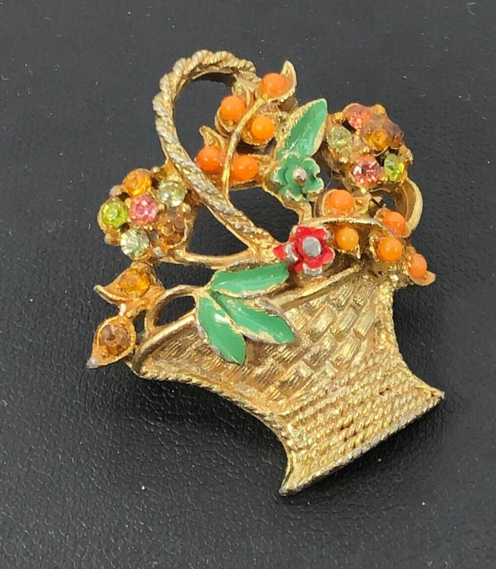 Vintage Flower Basket Brooch Pin Gold Tone Multicolor Rhinestones Enamel Coro??