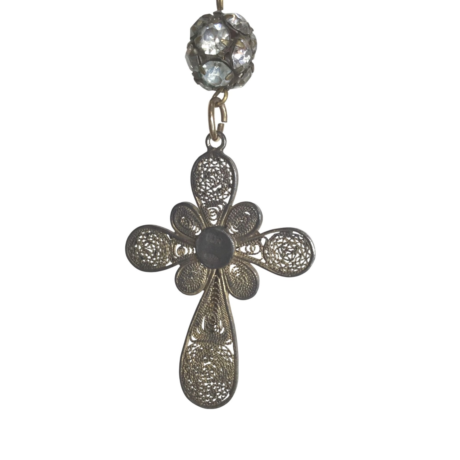 VTG Double Strand Crystal Bead Rosary Bracelet Necklace Cross Pendant Gold Tone