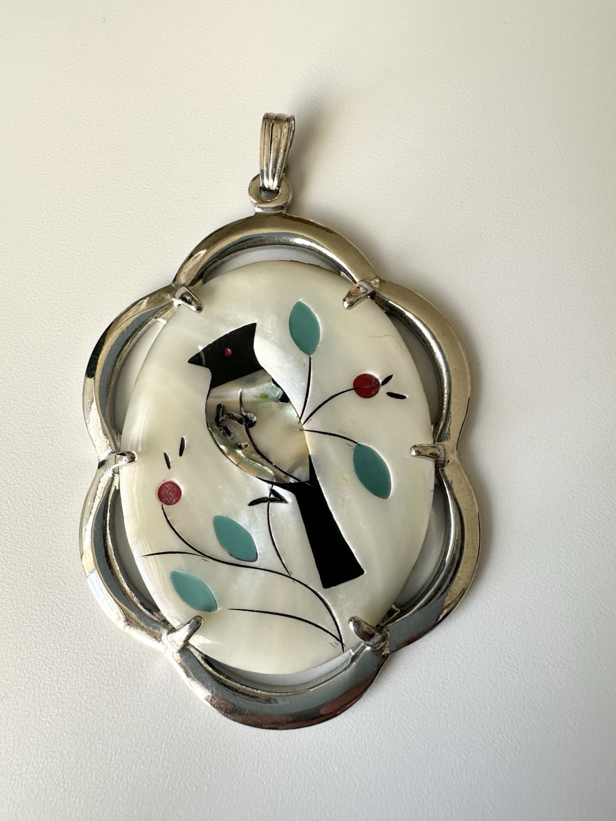 Vintage Mother of Pearl Inlay Bird Pendant Abalone Detail Oval Silver Tone