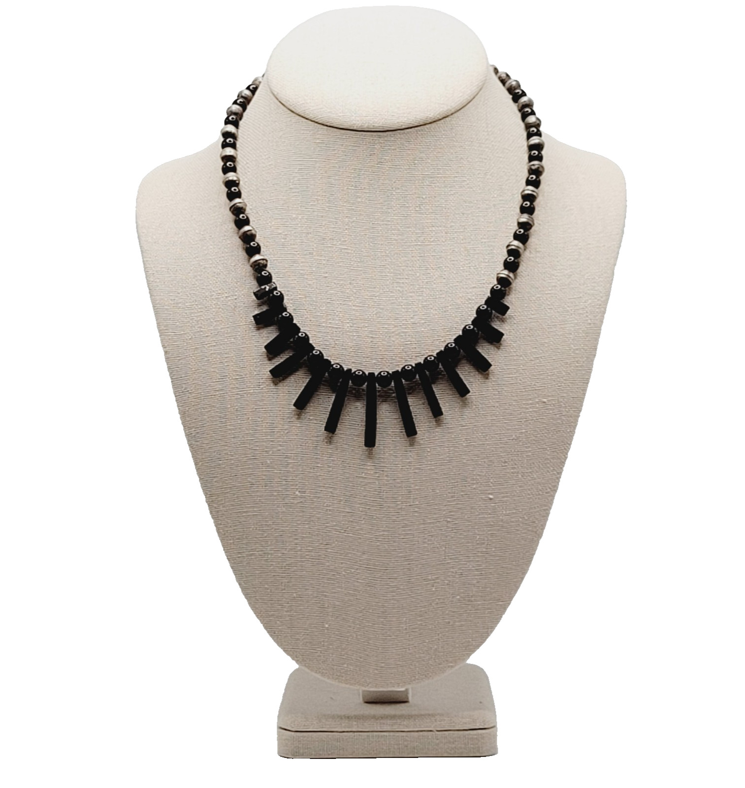 Southwestern Artisan Black Onyx Silver Tone Bead Bib Fringe Vtg Necklace 18 Inch