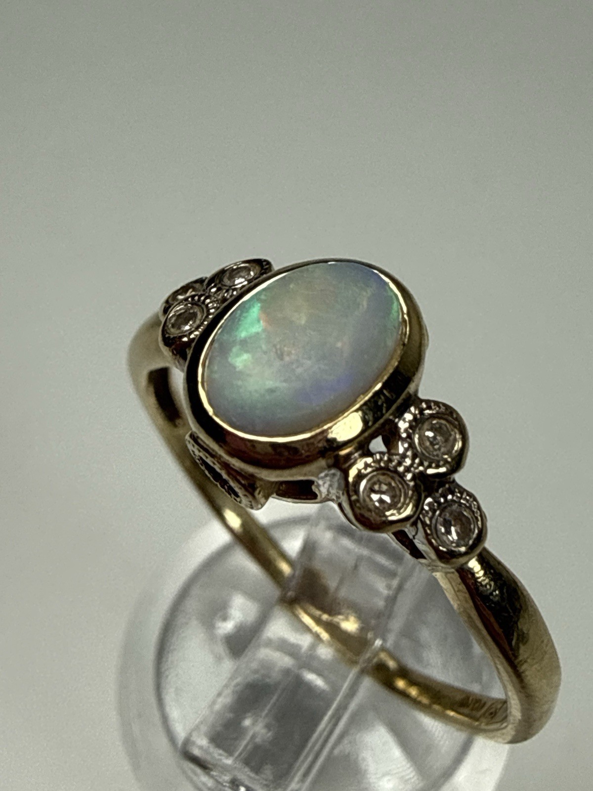 Vintage 10k Gold Opal Oval Cabochon Ring Diamonds Ruby Size 8.75