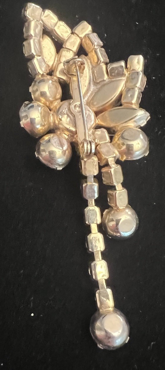 Vintage 3-1/2 Inch Rhinestone Crystal Dangle Brooch Pin Flashy Flower