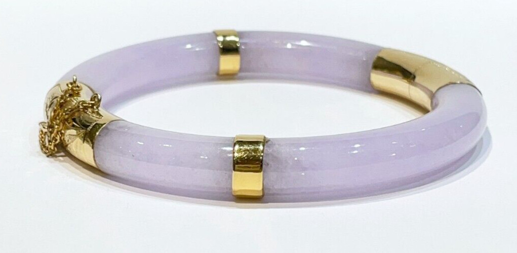 Vintage Lavender Jade Hinged 14k Yellow Gold Bangle Bracelet 8.4 mm 7″ inch