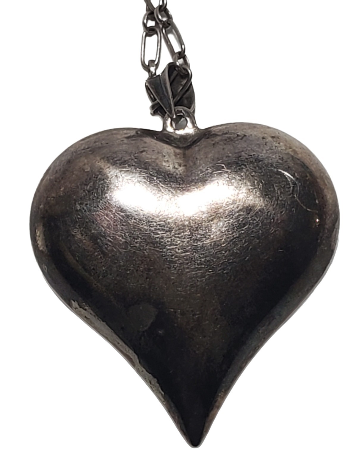 Vtg Sterling Silver 1¾” Puff Heart Necklace W/ Oval Chain Link Overhead Patina