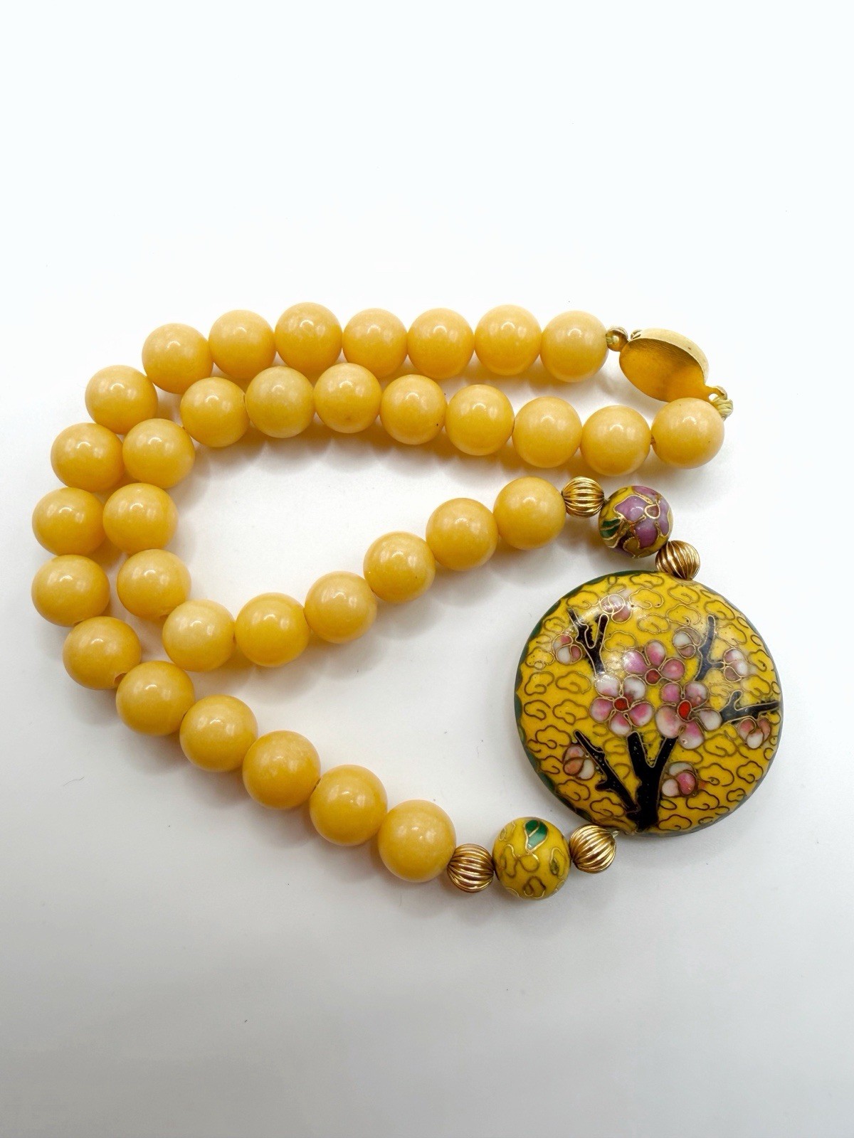 Yellow Jade Jadeite Beaded Necklace With Yellow Cloisonne Pendant 17”