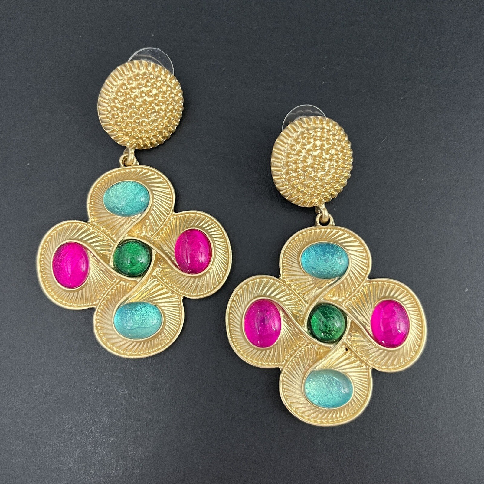 Maltese Cross Gripoix Earrings Glass Cabochon Matte Gold Tone Pierced Pink Blue