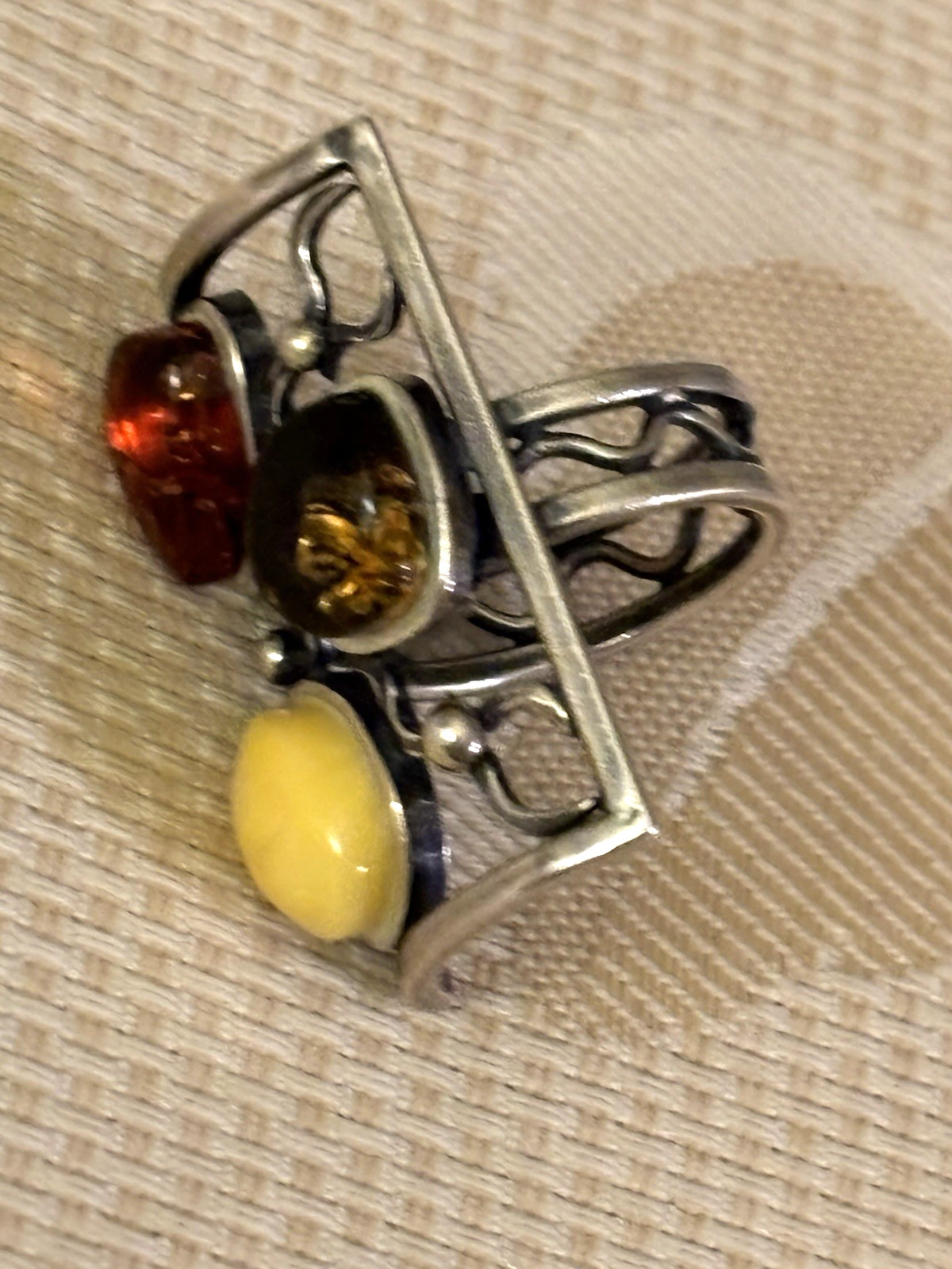 Vtg. HALLMARKED 925 Head Facing Right STERLING SILVER AMBER RING Hand Made 7.5