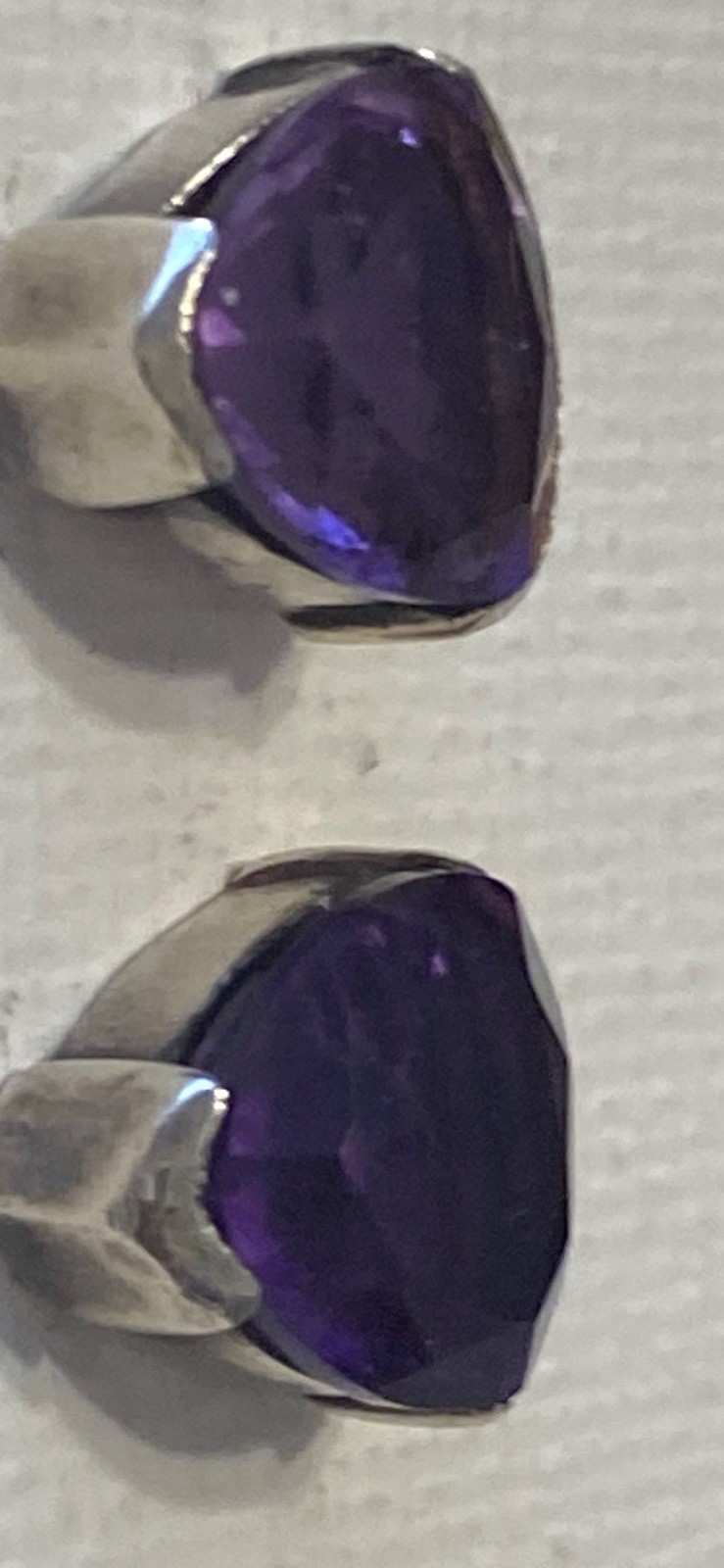 Vintage Faceted Amethyst & Pure Silver Pierced Earrings Deep Purple Trillion Cut