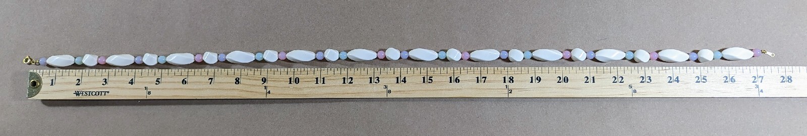 Vintage Twisted Off White & Pastel Pink Green Purple Beaded Necklace 28″ + White