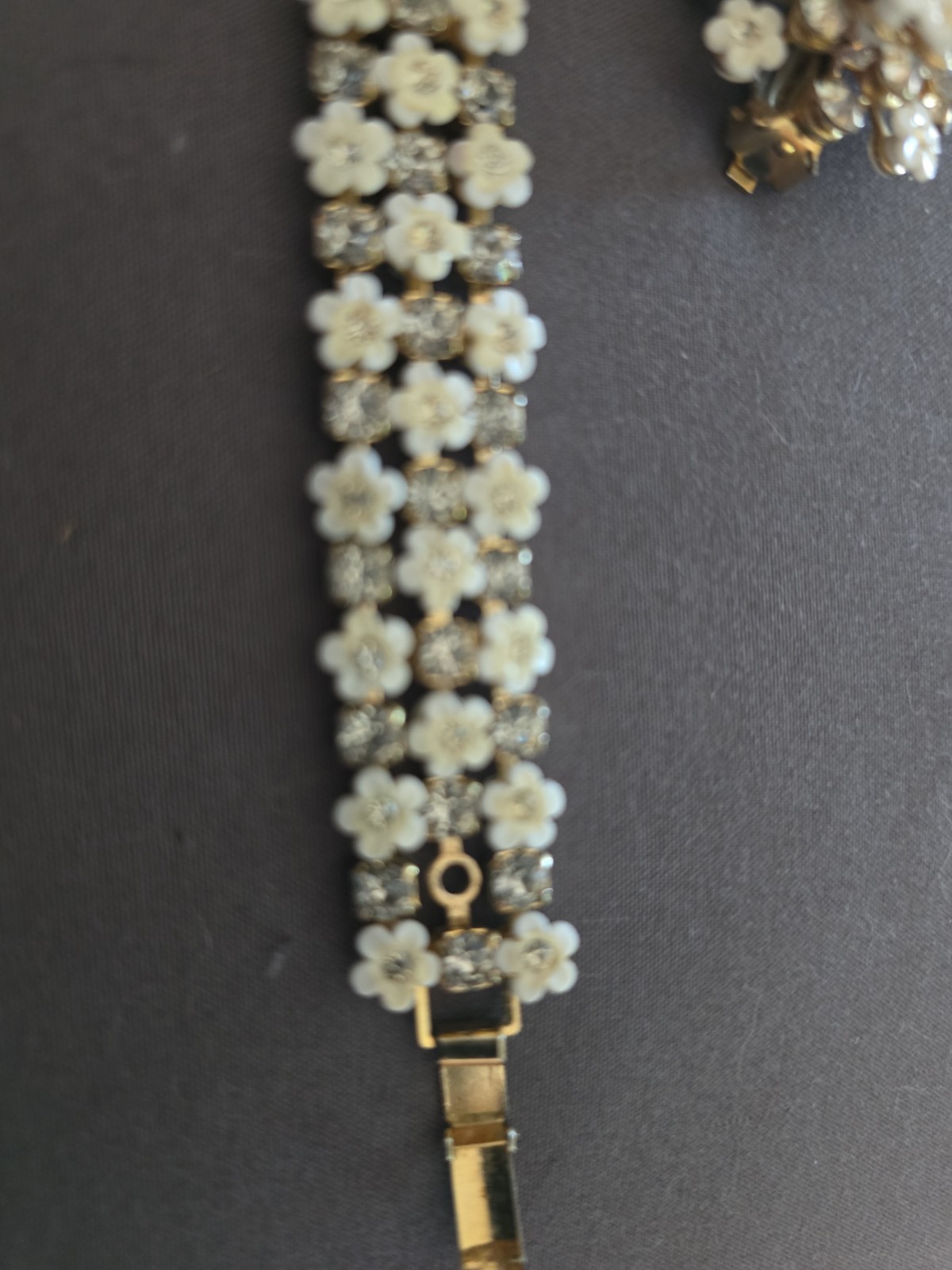 Vintage Enameled Painted Flowers Rhinestone Necklace Bracelet Earring Set