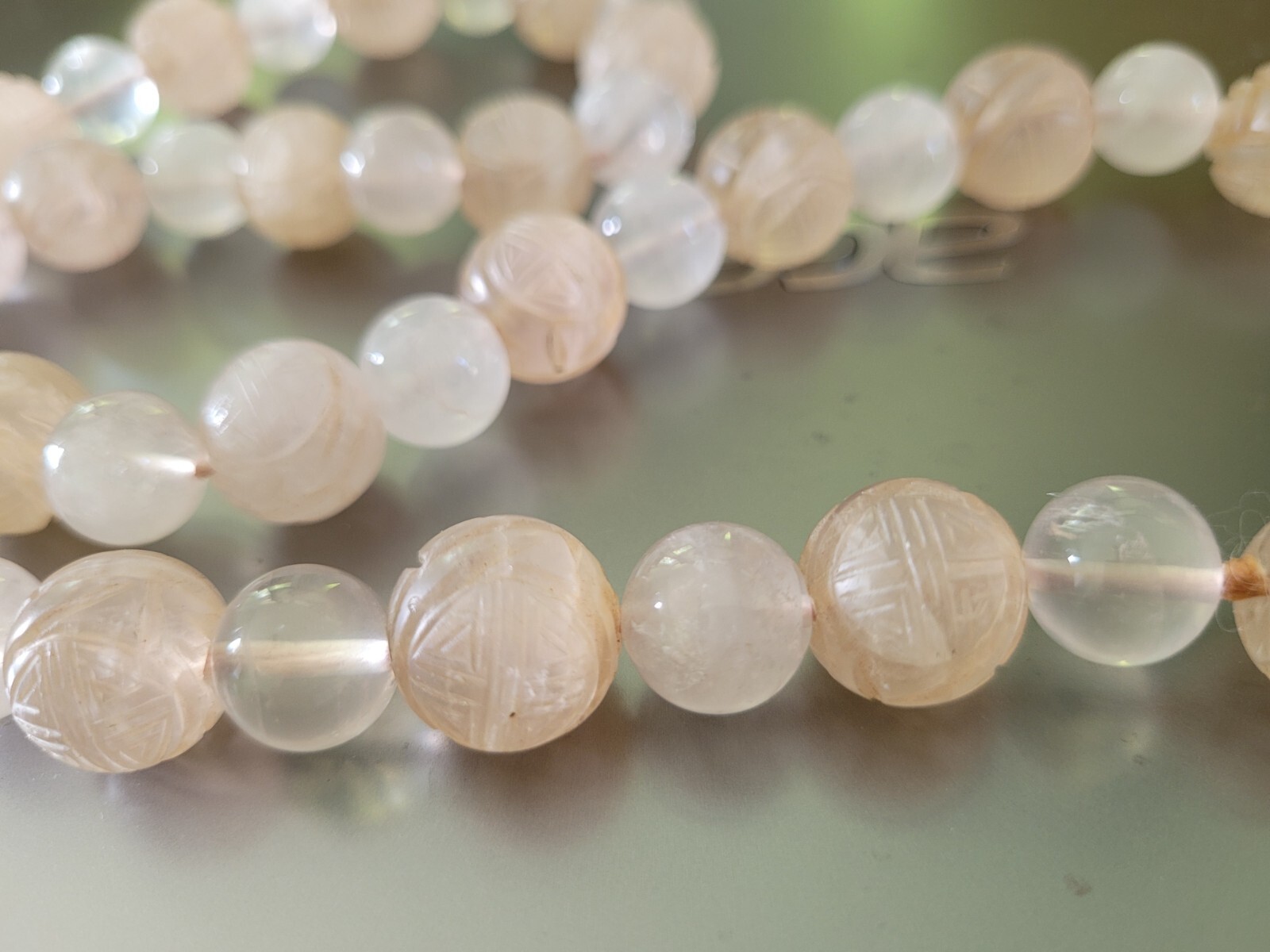 Antique Chinese Circa 1920s Sterling Carved Rose Quartz Beads Pendant Necklace