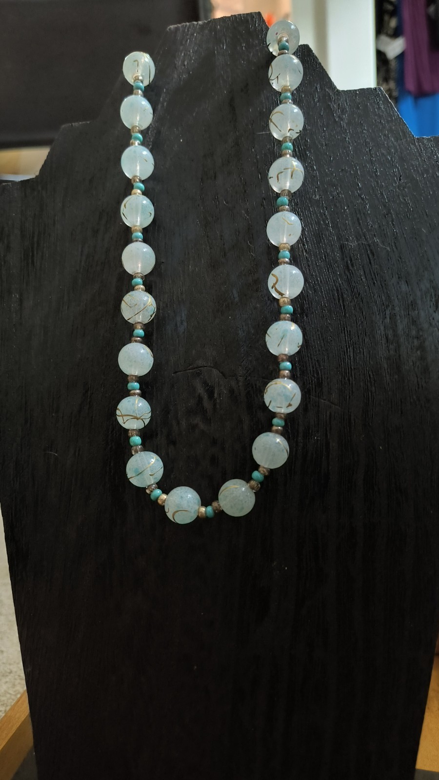 VTG Turquoise & Hand painted Glass Beads / 18″ Necklace, 1900s Venetian Murano