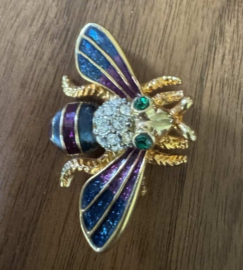 VTG Bee Brooch Gold Tone Enamel Rhinestone Insect Pin Cottagecore Garden