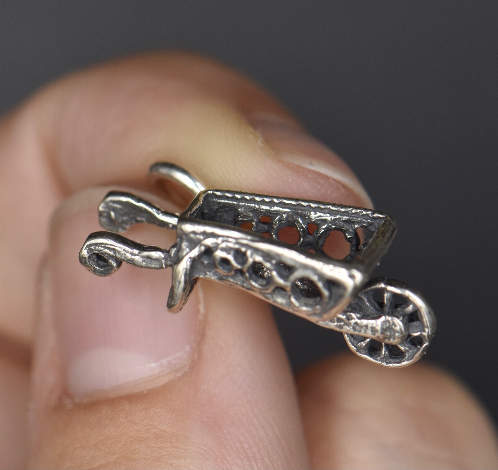 VINTAGE WHEELBARROW STERLING SILVER CHARM FOR CHARM BRACELET