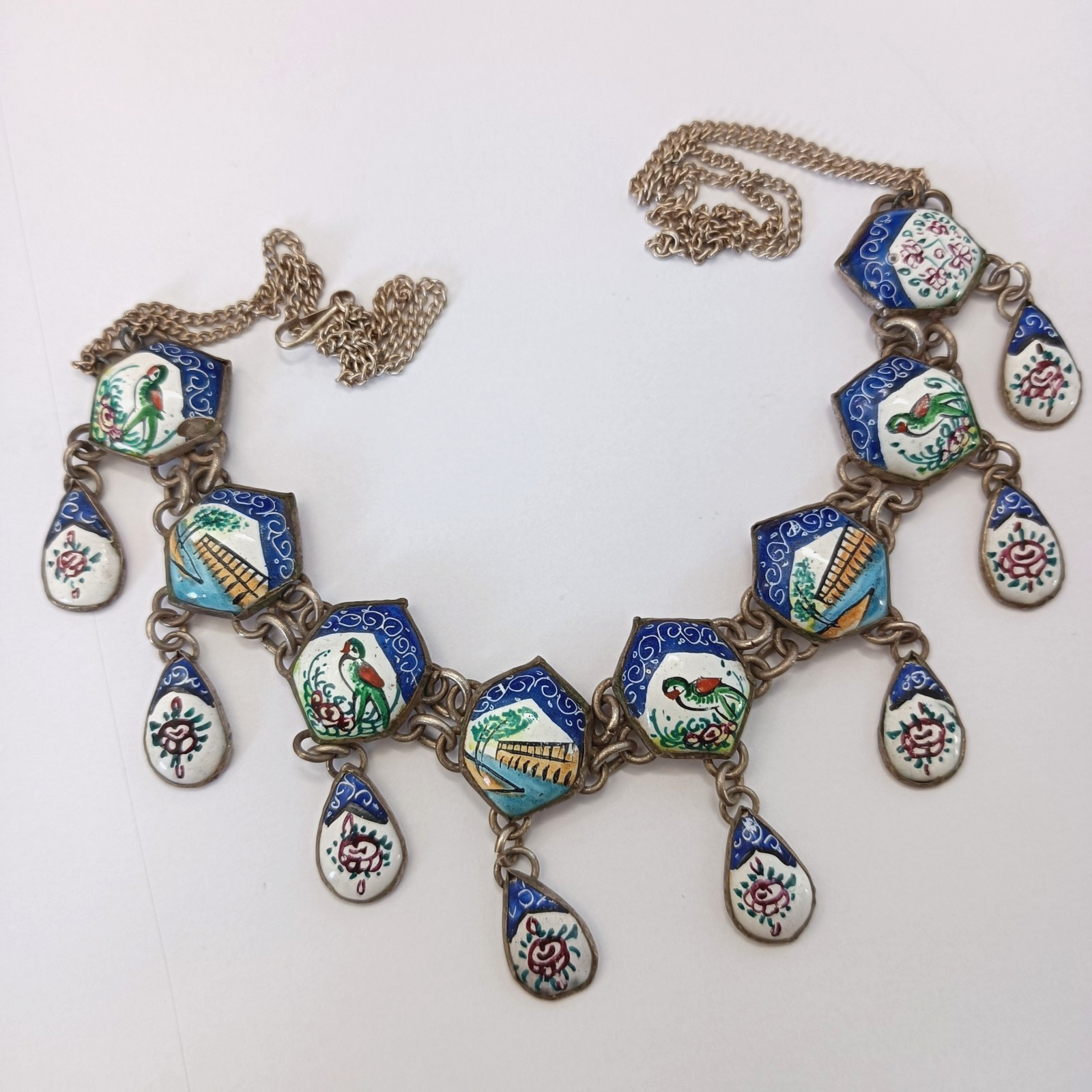 Boho Folk Art Middle Eastern Enamel Chandelier Necklace Blue Birds Landscape VTG