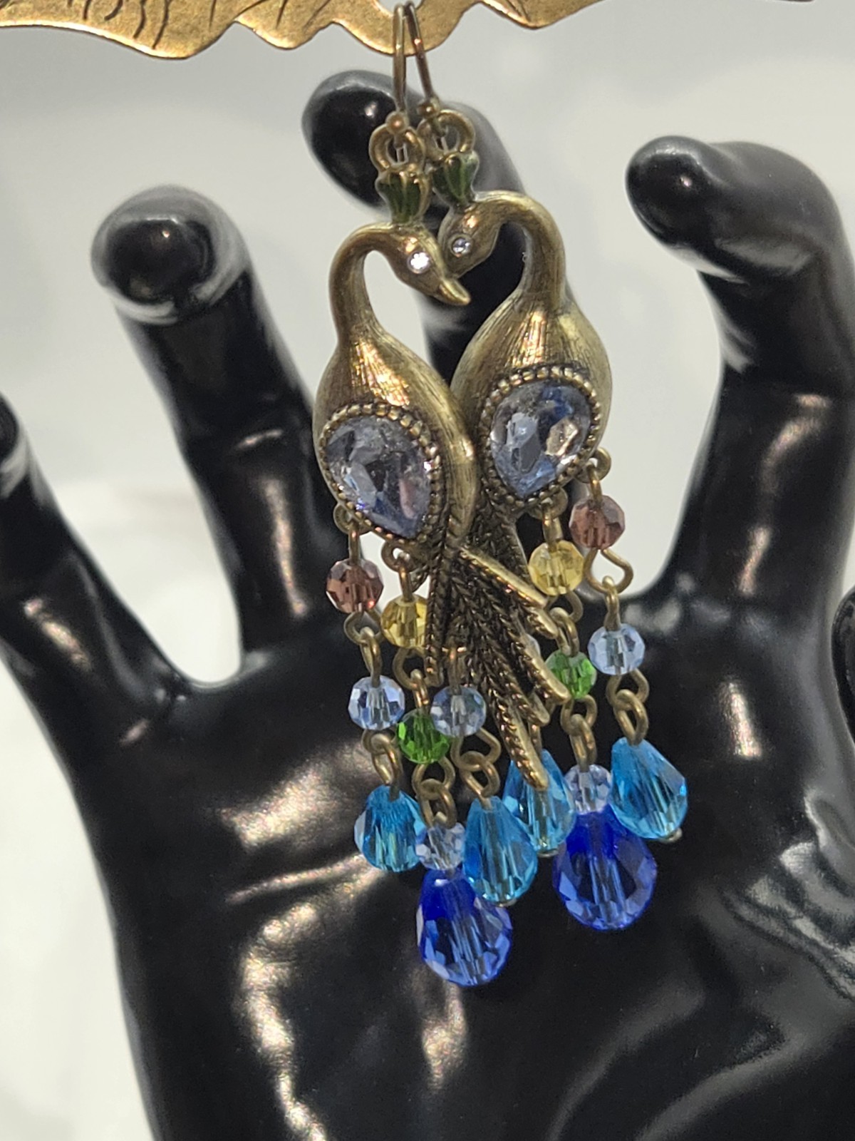 Vintage Peacock Dangle Drop Post Earrings Multicolor Crystal Faceted Beads