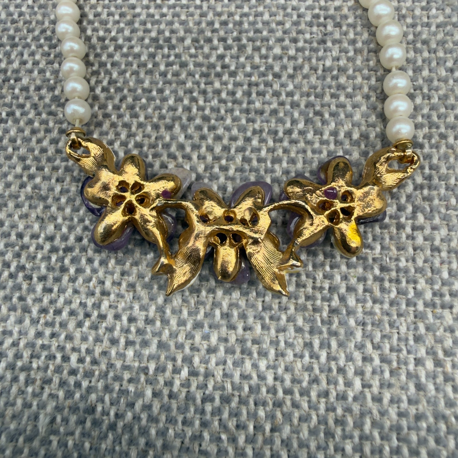 Vintage Choker Collar Necklace Faux Pearls Purple Stone Flowers READ