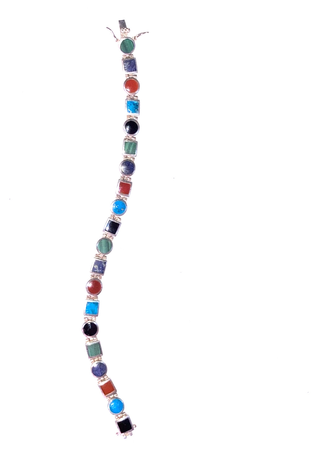 Vintage Sterling Silver Multi-Gemstone Signed Link Bracelet-Hinged-Flexible