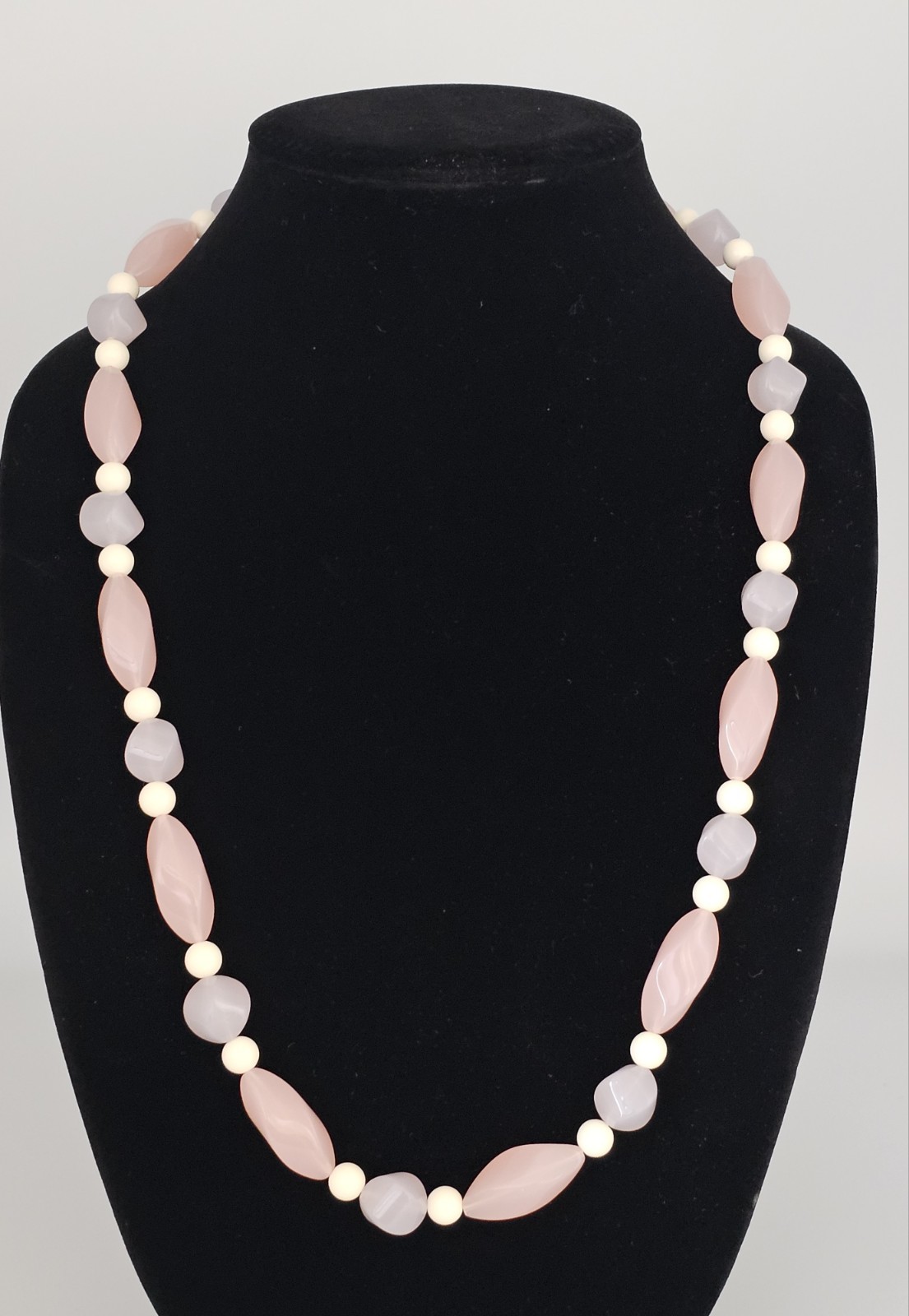 Vintage Glass Beaded Necklace Pink Purple White 27 Inches Retro Costume Jewelry