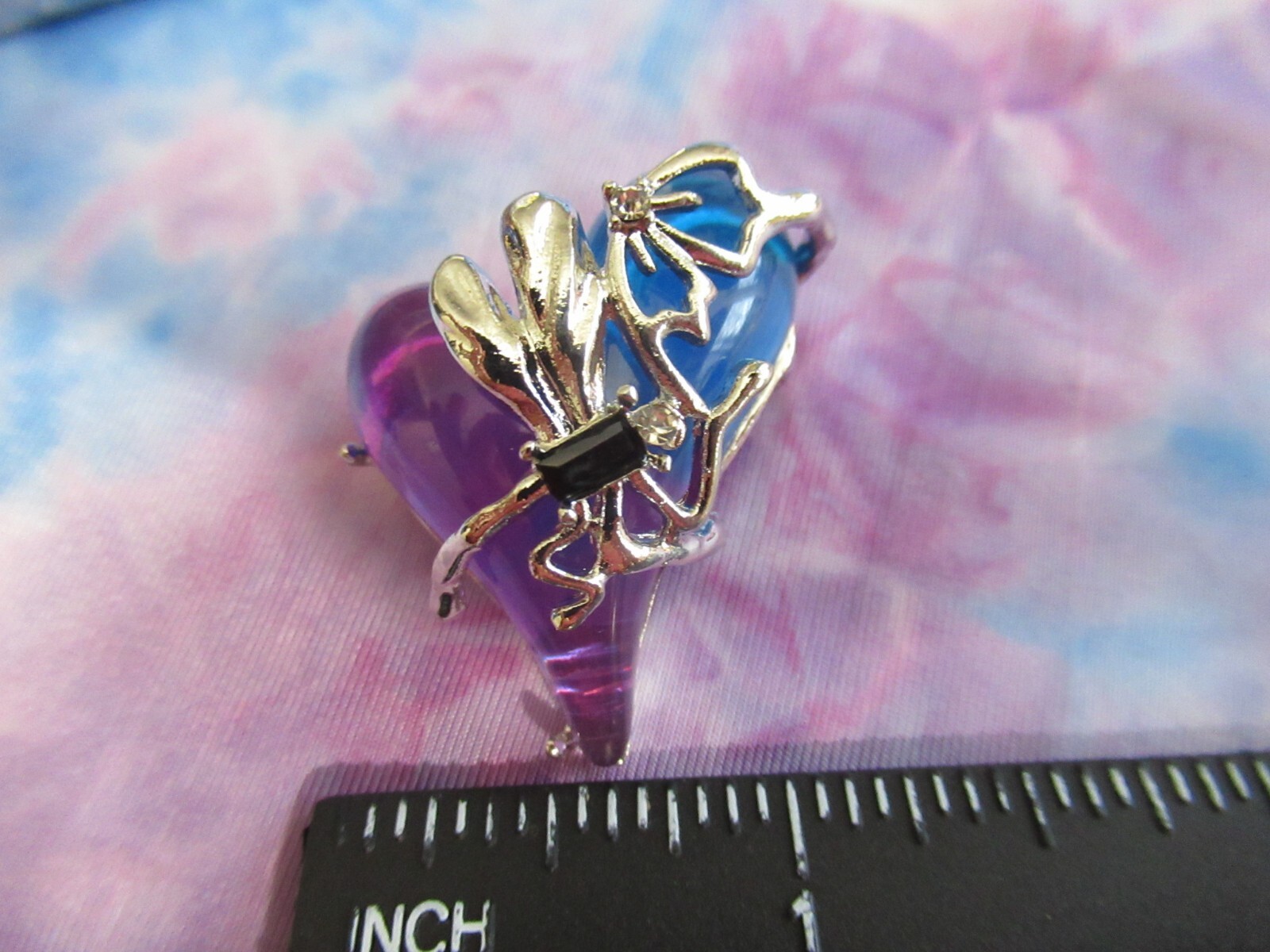 Gripoix Style Heart Brooch Purple & Blue Cabochon Silver Tone NEW