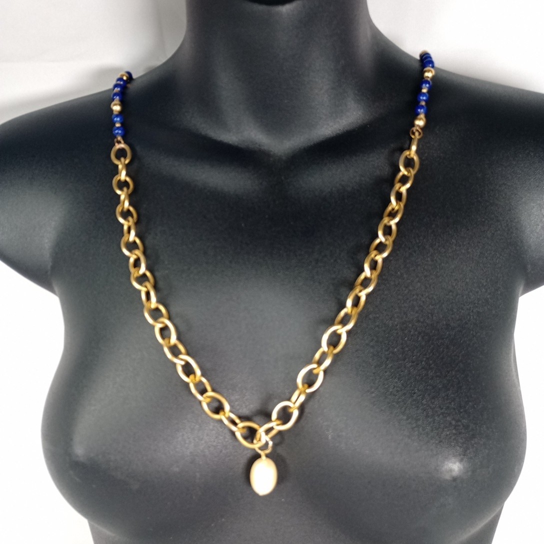 Vintage Convertible Blue Beaded Gold Tone Necklace Faux Pearl Drop 34″