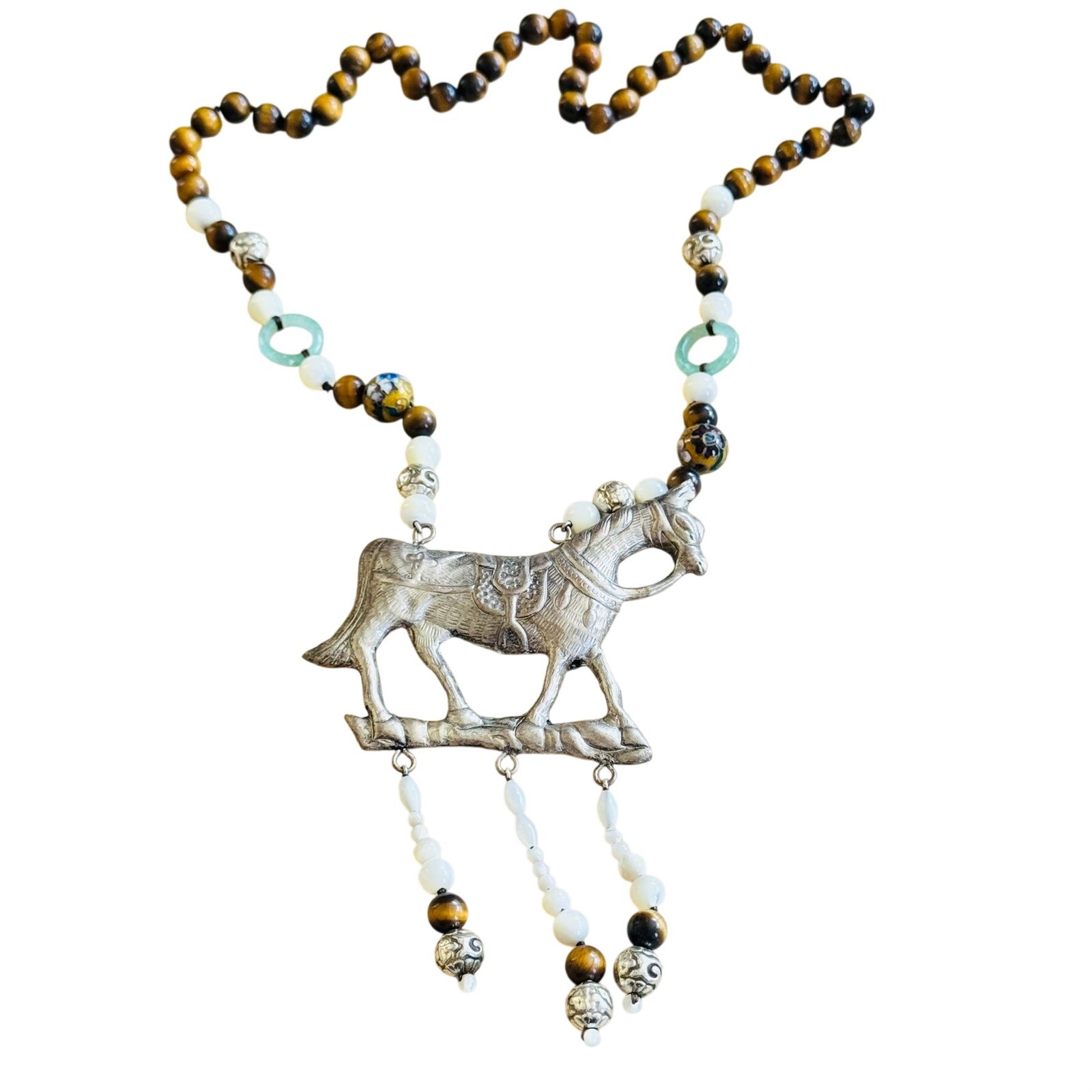 VTG Horse Equestrian Necklace Statement Cloisonne Tiger’s Eye Jade Stone Beads