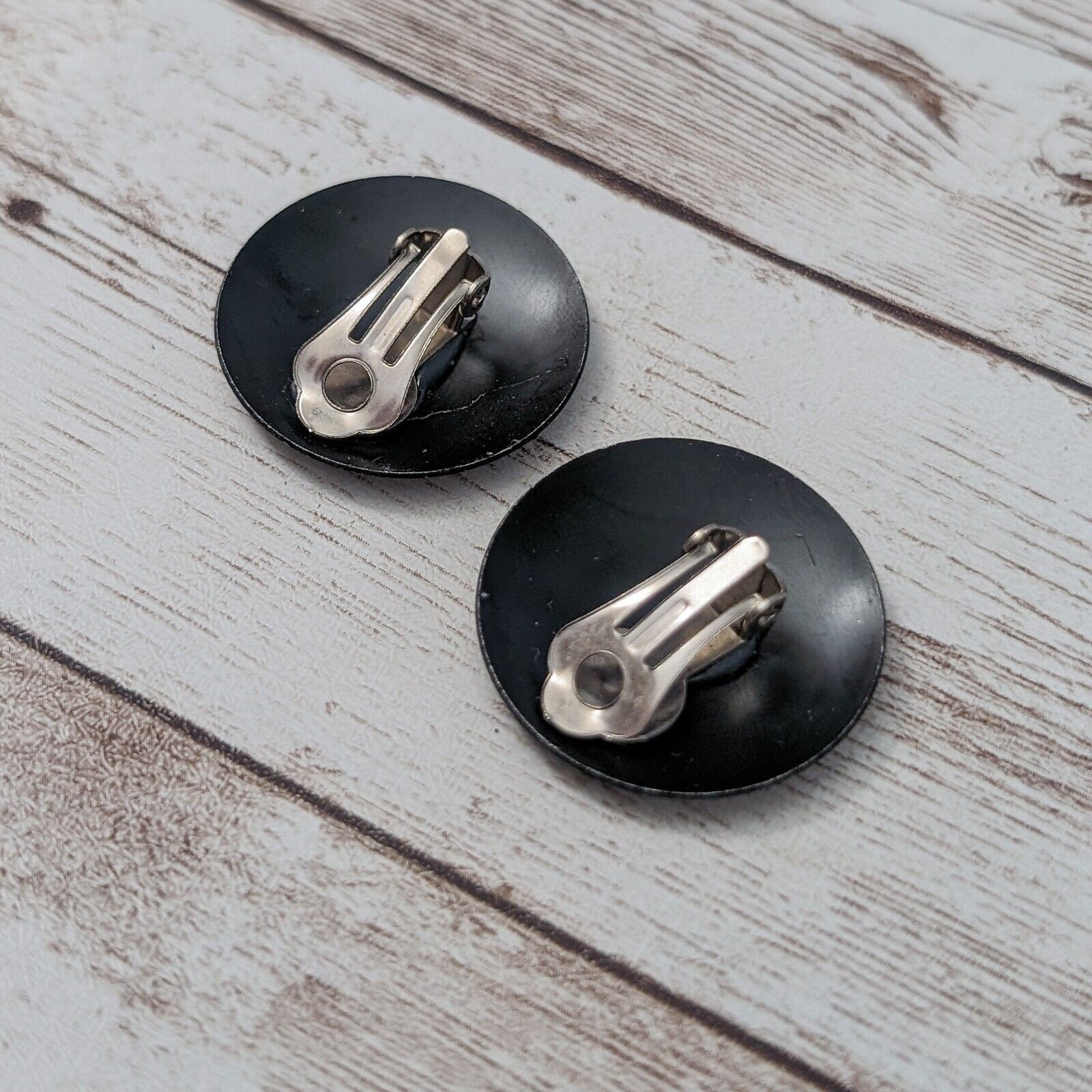 Vintage Clip On Earrings – Black with Silver Tone Design 1 & 1/8″