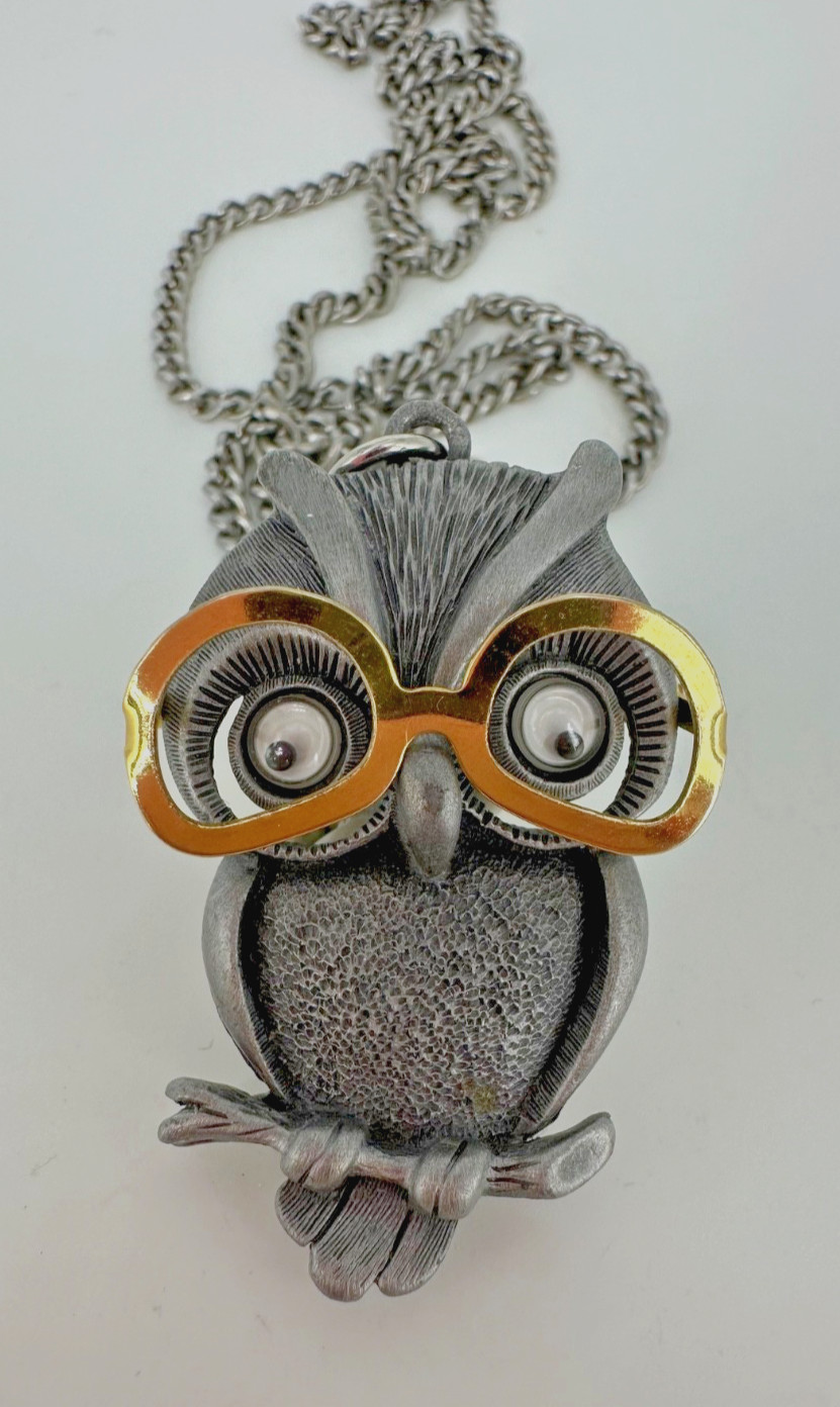 Vintage FAB Pewter Tone Googly Eyed Owl With Movable Eyeglasses Pendant Necklace