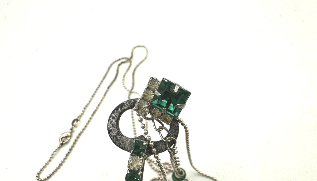 Vintage Key Necklace with Green Stones & Chain Included Newly Made by Artist