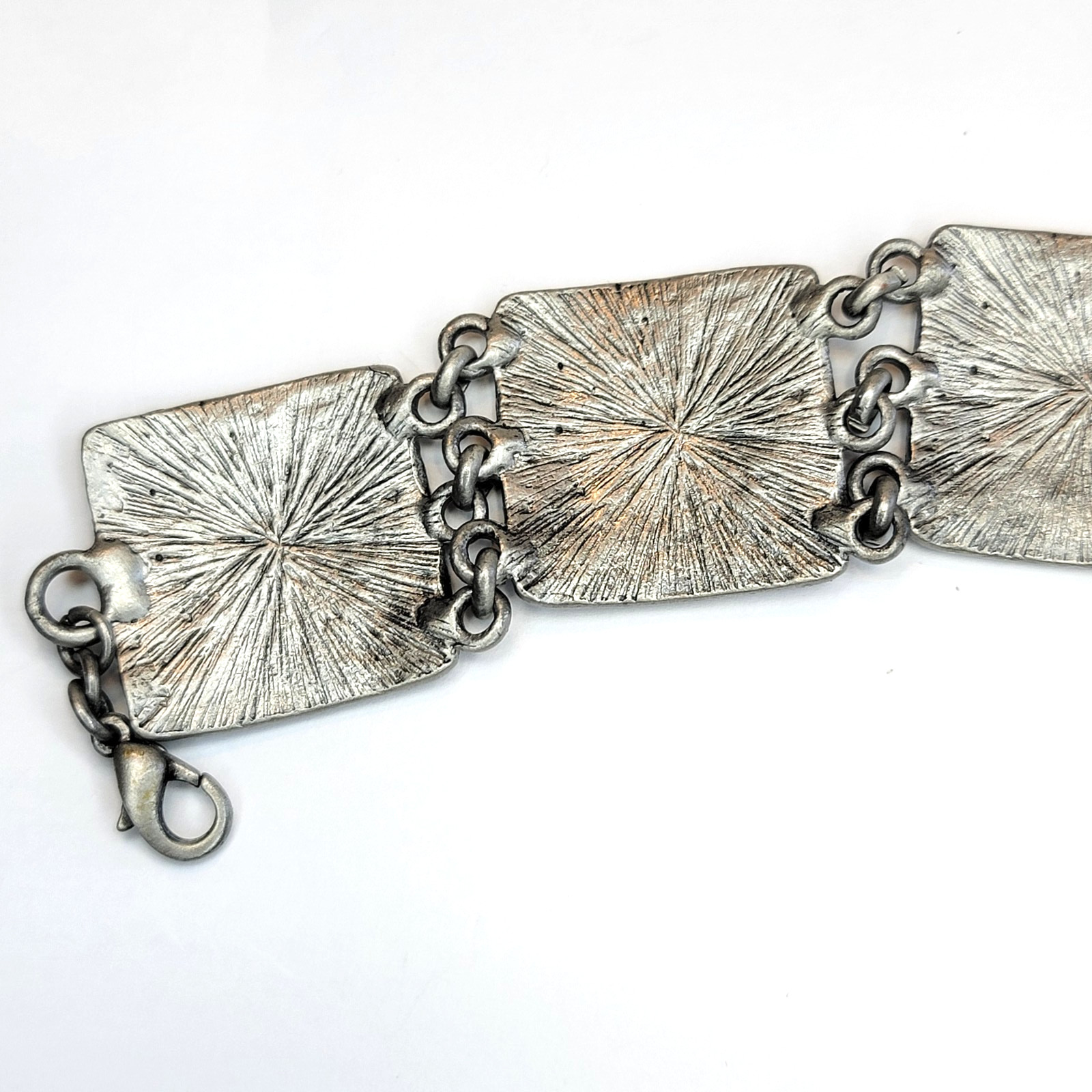 Vintage Modernist Silver Tone Link Y2K Bracelet Olivine Enamel Articulated Panel