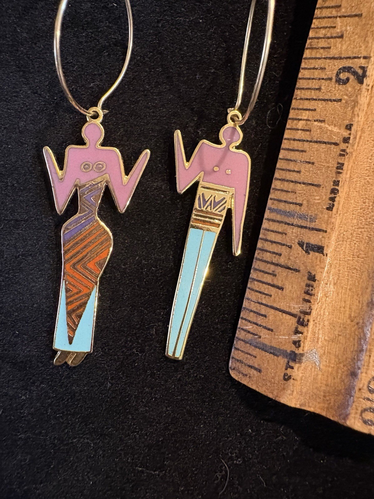Vintage Laurel Burch Tribal Man & Woman Enamel Dangle Pair earrings