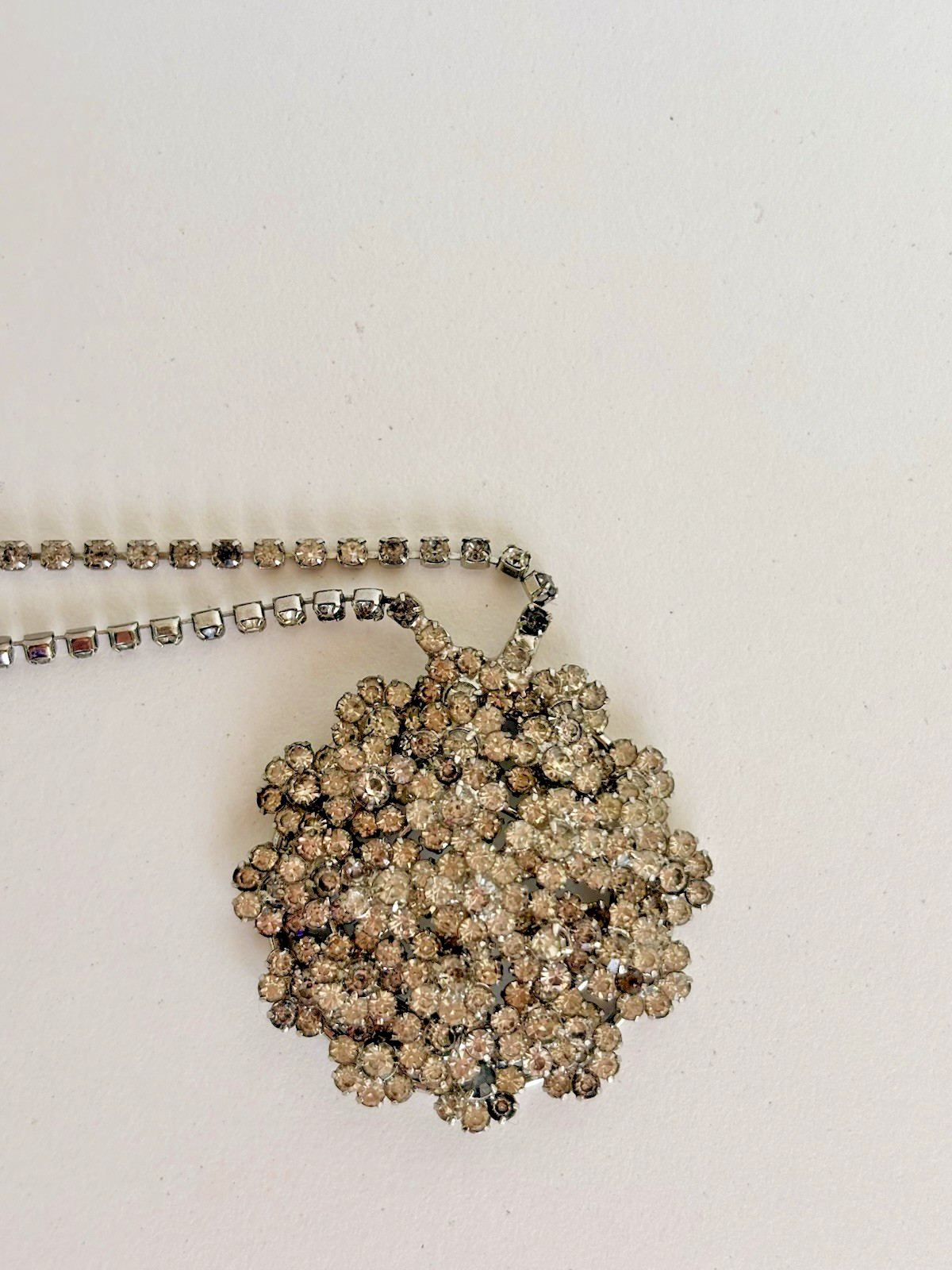 Vintage Rhinestone Floret Necklace 1.75″ Pendant Silver Tone Mid Century