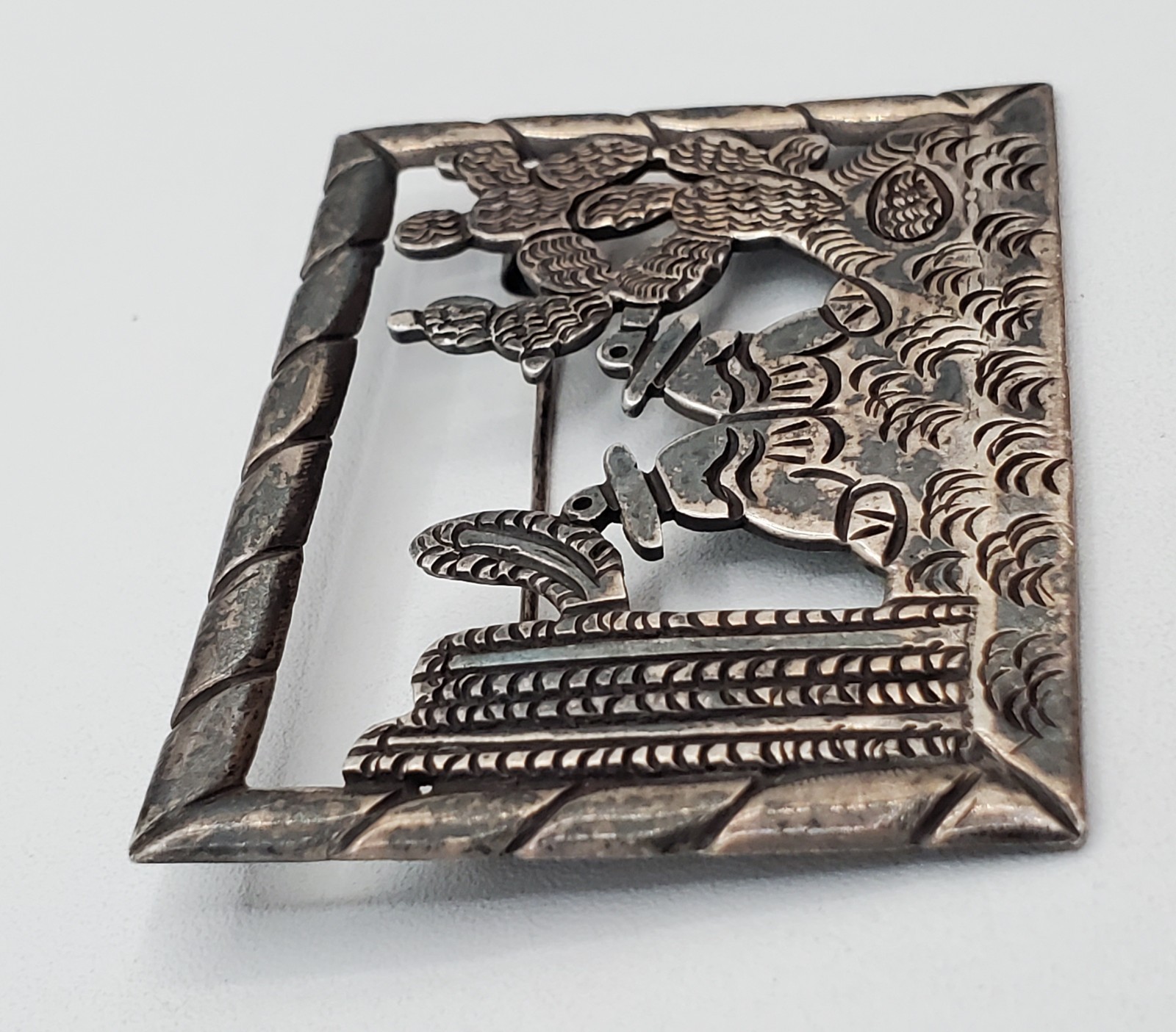 Mexican 980 Silver Brooch 2in Siesta Men Cactus Scene Handmade 17.1g Fine VTG
