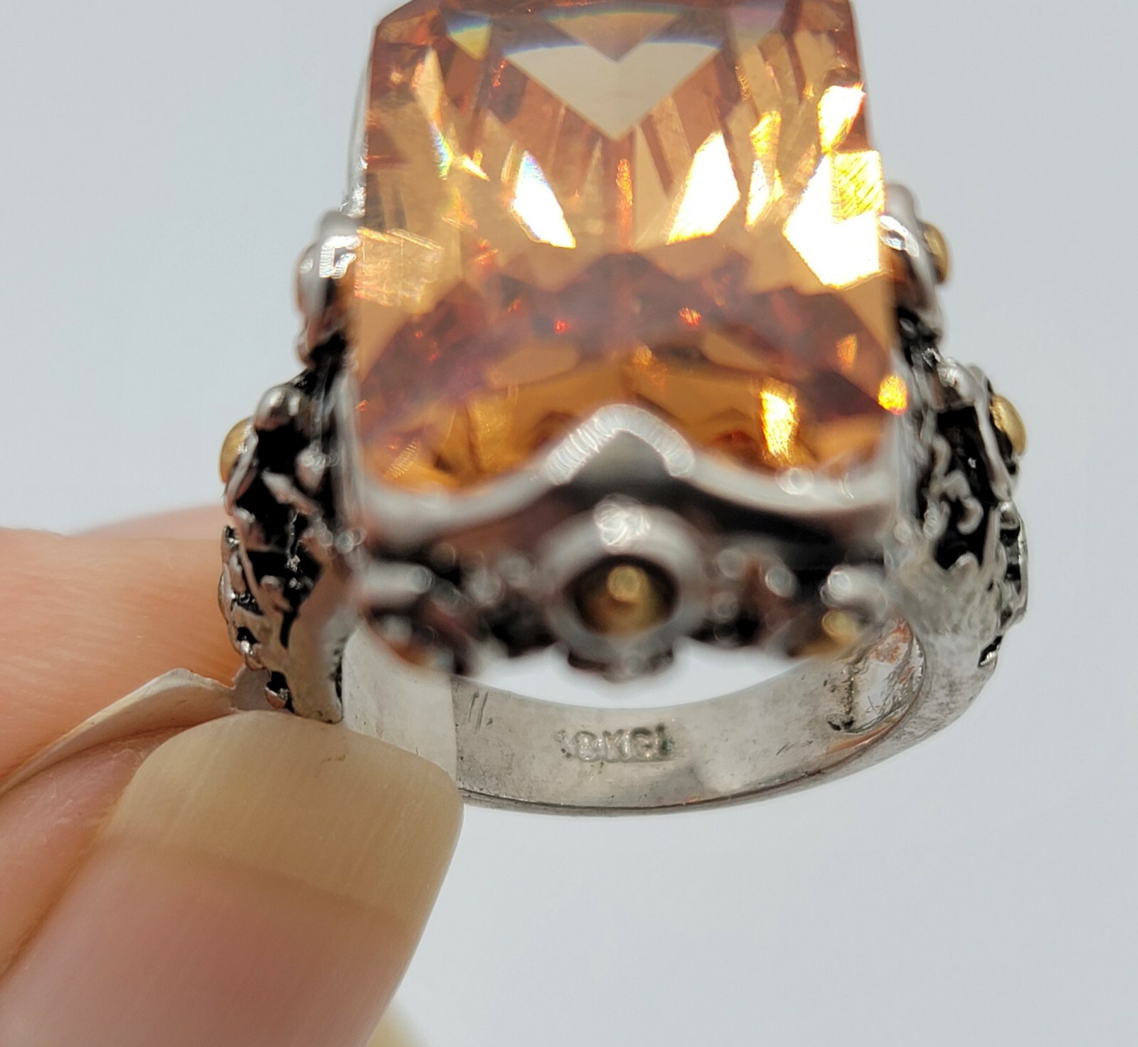 Vtg Sz 7 Ring Lg Citrine Topaz Cubic Zirconia 2-tone Statement Fashion Jewelry T