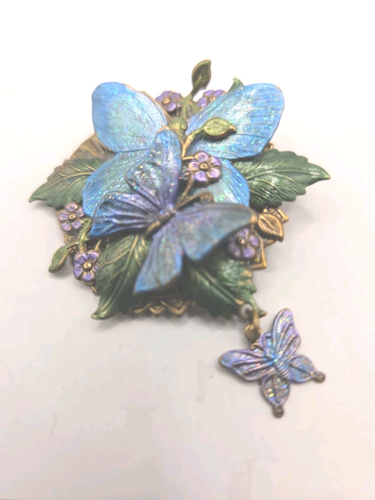 Brooch Set Of 2 Flowers & Butterflies Hues Of Blue Green & Violet Brass Tone0321