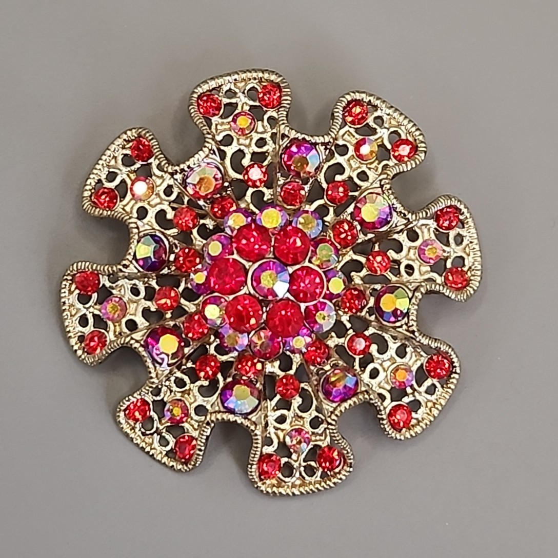 Vintage Rhinestone Brooch AB Red Bead Gold Tone Round Ruffle Wavy 2 1/8″