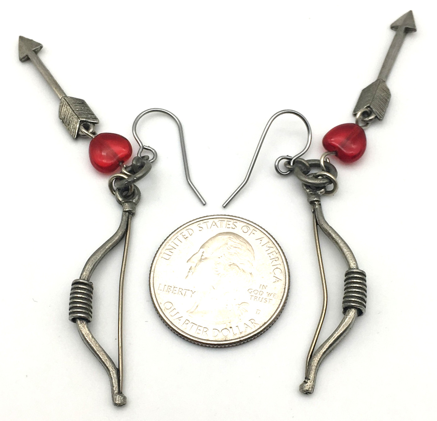 CLIFT Signed Pewter Bow & Arrow Red Lucite Heart Dangling Fish Hook Earrings