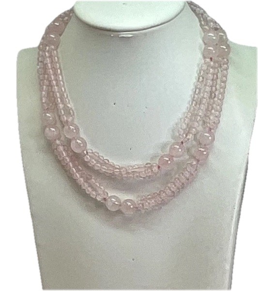 Vintage Rose Quartz Beaded PinkNecklace 28” Polished Round & Faceted Beads